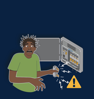 Boy receiving electric shock from pulling fuse.