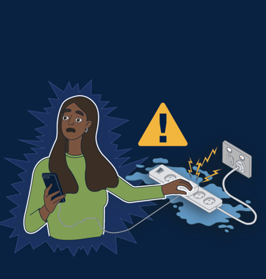 Lady with spilled water over extension cord