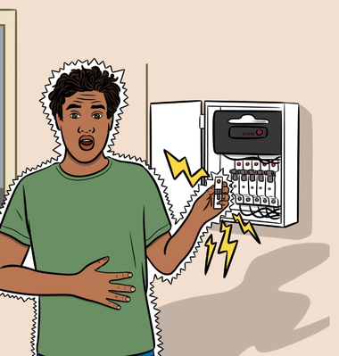 Boy receiving electric shock from pulling fuse.