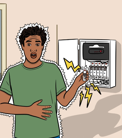 Boy receiving electric shock from pulling fuse.